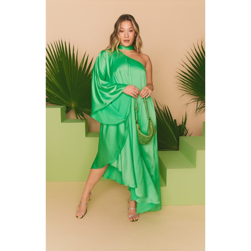 Show Me Your Mumu Rhea One Shoulder Dress in Kiwi Luxe Satin size Medium